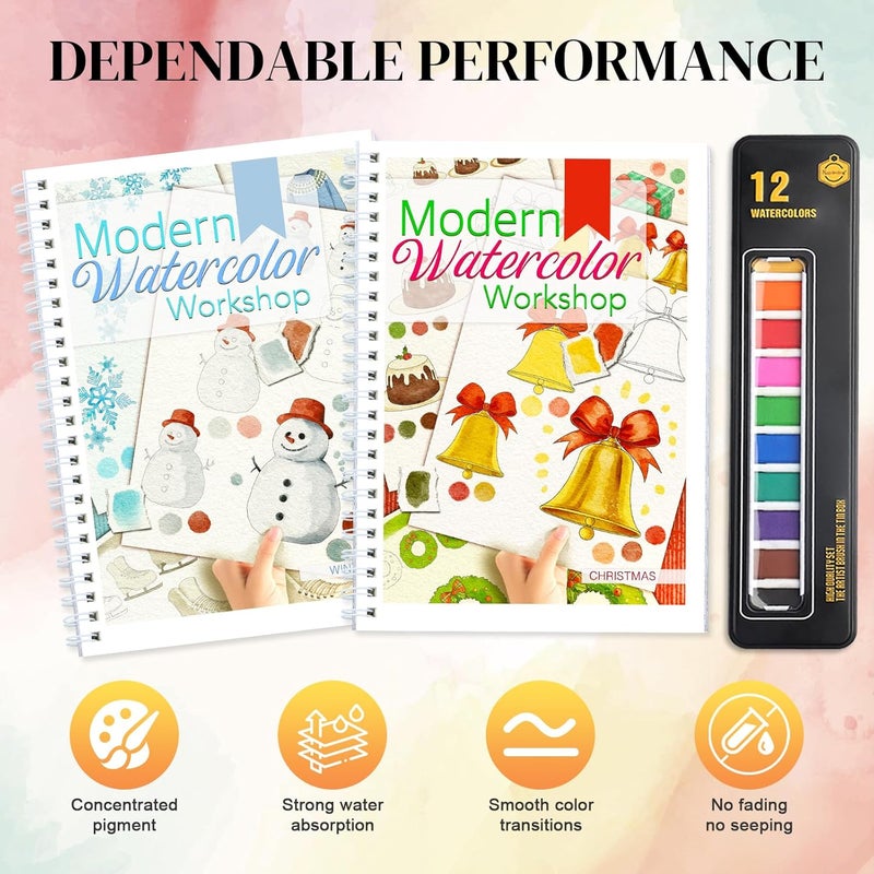 apolyone Watercolor Workbooks- 2 Pack Beginner Workbooks with 24 Coloring Book Pages - 12 Color blocks and a Brush - Watercolor Paper 300gsm/140lb - Gift for Women, Adults, Beginners (Winter & Christmas) - Image 4